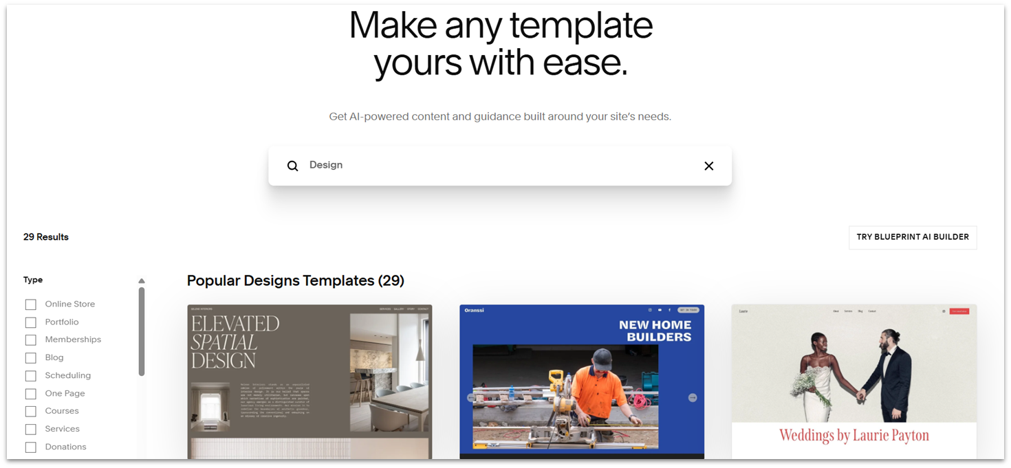 Squarespace template library divided into categories.