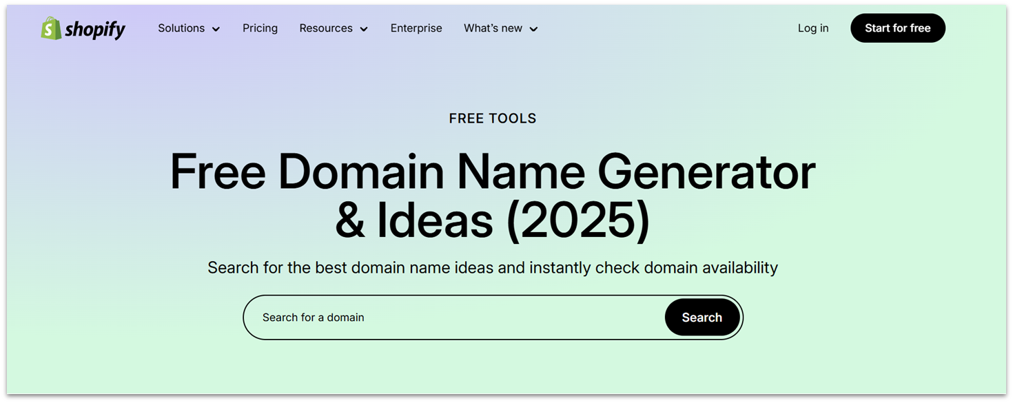 Shopify e-commerce platform free domain name generator page.
