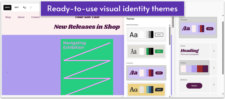 Exploring color and typography themes inside Squarespace website builder's editor.