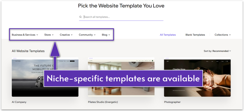 Wix template library divided into categories.