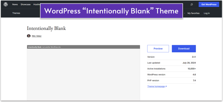 WordPress.org's "Intentionally Blank" website theme.