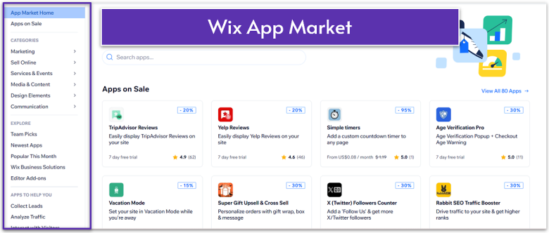 Wix's app market page displaying apps across various categories.