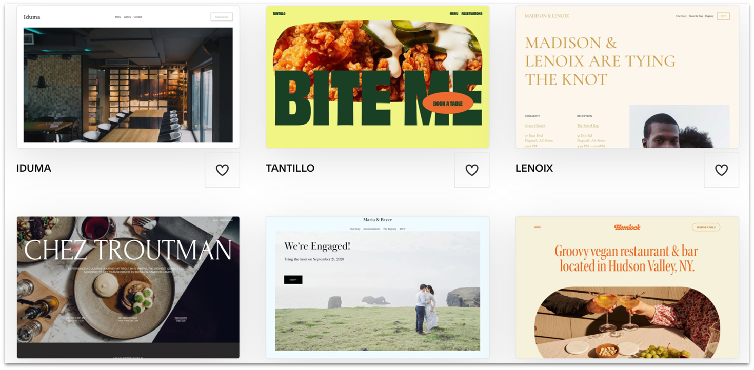 Grid of customizable templates from Squarespace.