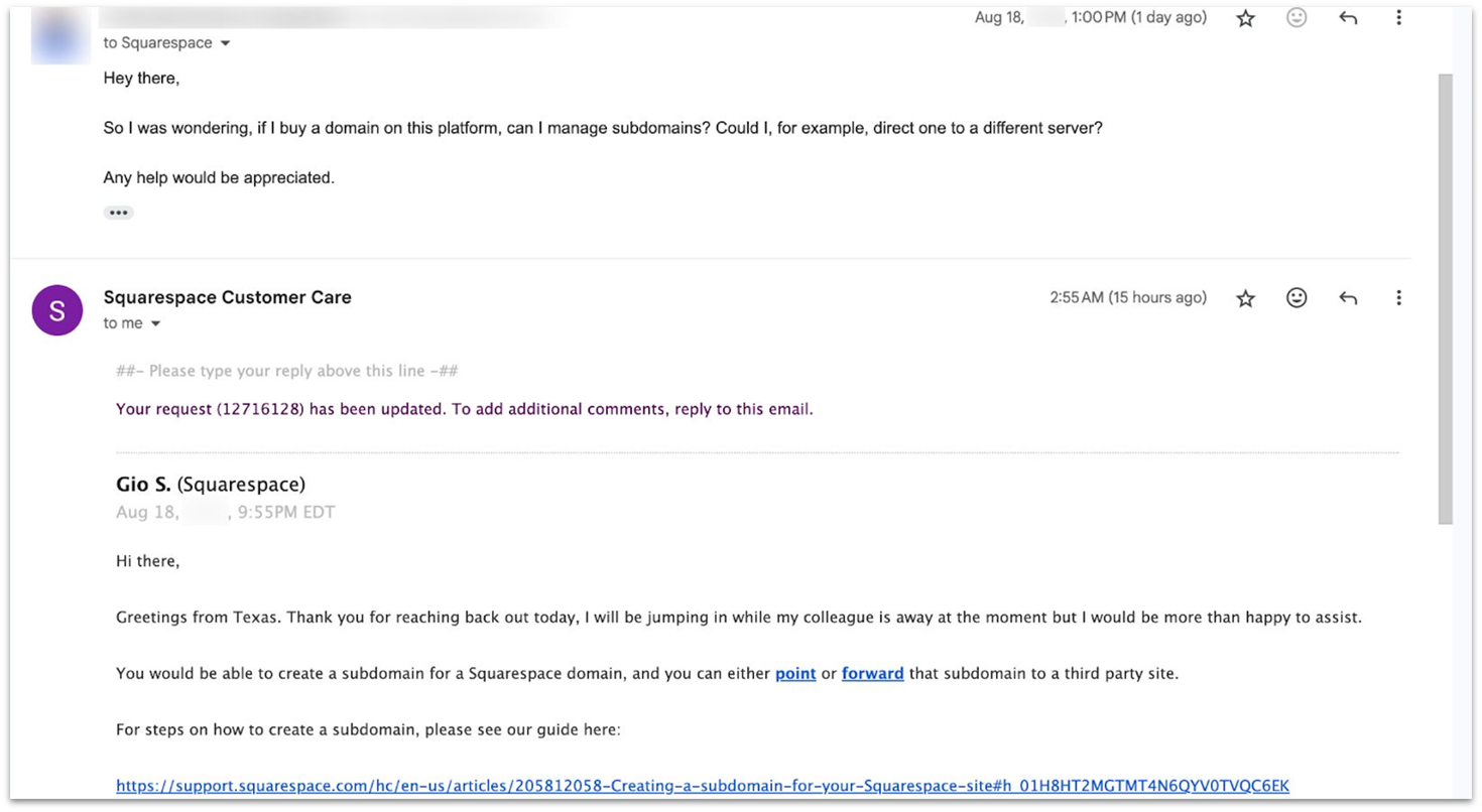 Gmail chat with a Squarespace support agent, discussing how to direct a domain to a third-party site.