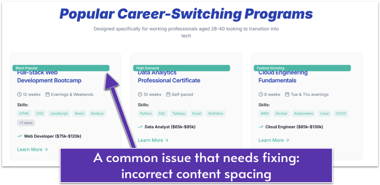 An example of a common issue with an AI built website - incorrect content spacing on Replit.