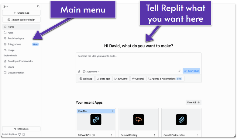 Replit dashboard showing the main menu and the prompting screen.