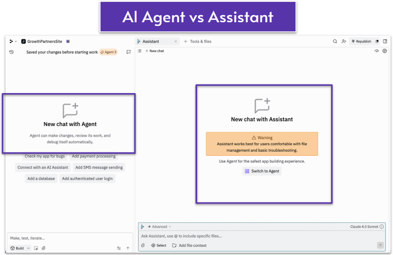 Replit's dashboard showing the Agent and the Assistant.