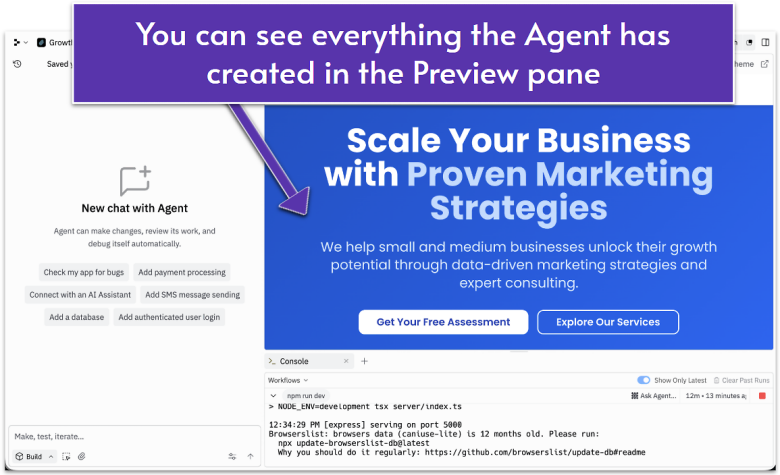 A view of Replit's dashboard showing a preview of the website it is creating using AI.