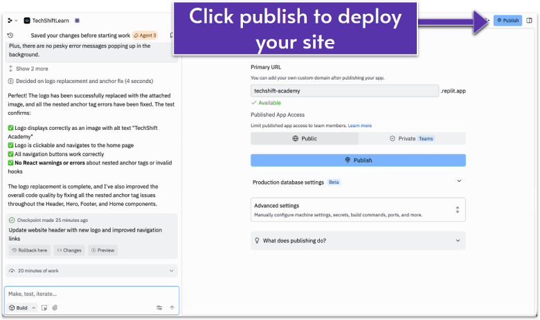 Replit deployment screen showing the Publish button.