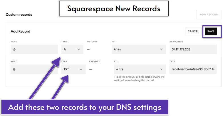 Squarespace DNS settings.