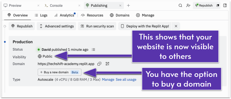 Replit's deployment screen showing that the website is now public.