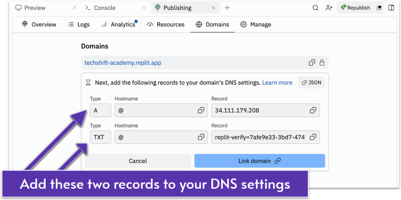 Replit's domain screen - adding your domain's DNS settings.