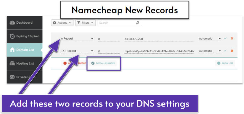 Namecheap's DNS settings screen.