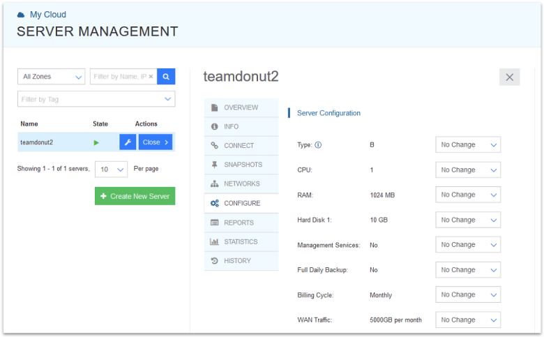 Kamatera server management dashboard with option to configure server resources.
