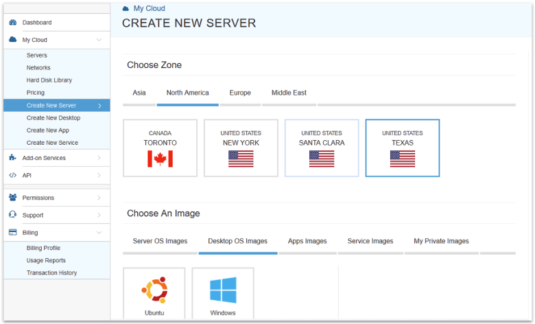 Kamatera dashboard with region and server image setup options.