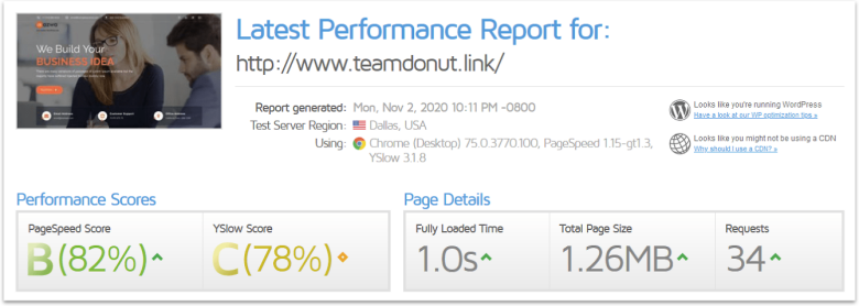 Kamatera GTmetrix score.