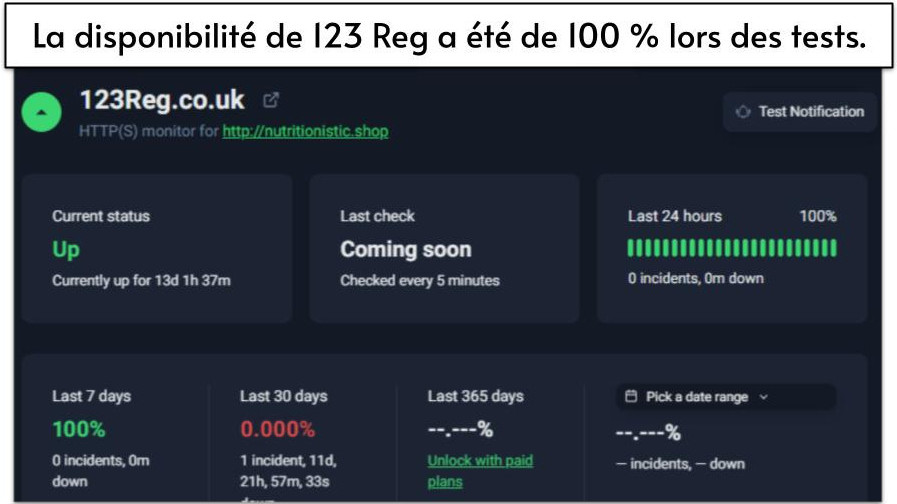 La disponibilité de 123 Reg a été de 100 % lors des tests.
