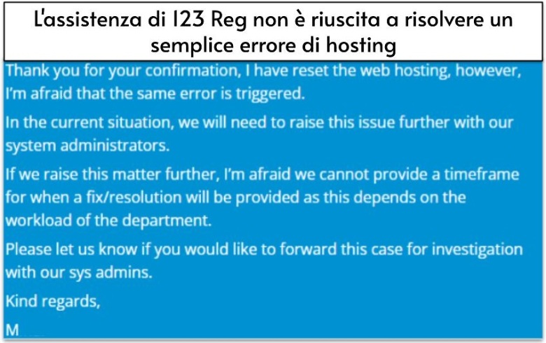 L'assistenza di 123 Reg non è riuscita a risolvere un semplice errore di hosting