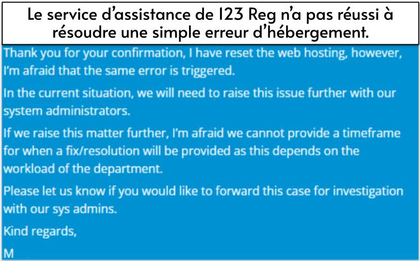 Le service d’assistance de 123 Reg n’a pas réussi à résoudre une simple erreur d’hébergement.