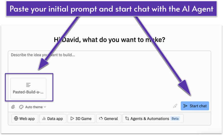 Replit's prompting screen which shows how to start a chat with the AI Agent.