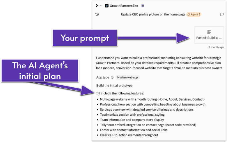 Screenshot of Replit showing an initial prompt added by the user and the AI Agent's response to it.