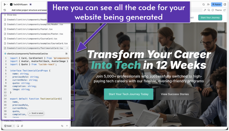 A screenshot of Replit writing the code for a website on the left hand side of the screen, and the preview of the website it's creating on the right.