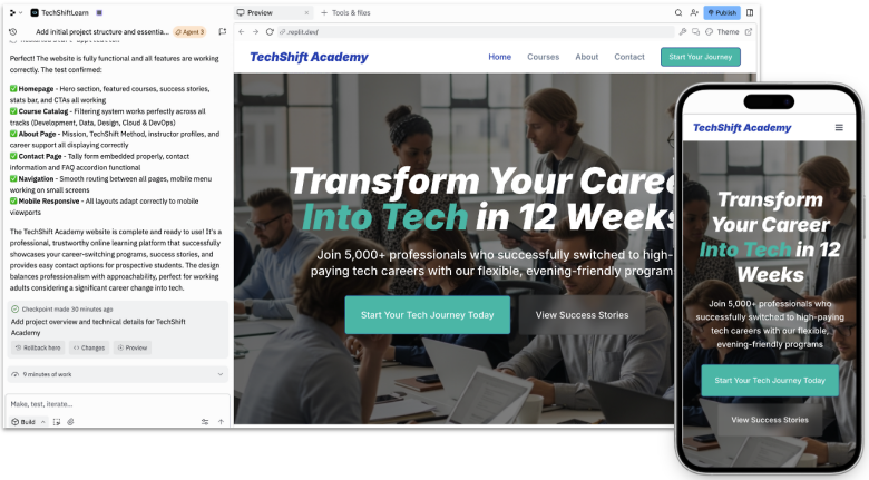 A view of the website created by Replit's AI Agent in both desktop and mobile.