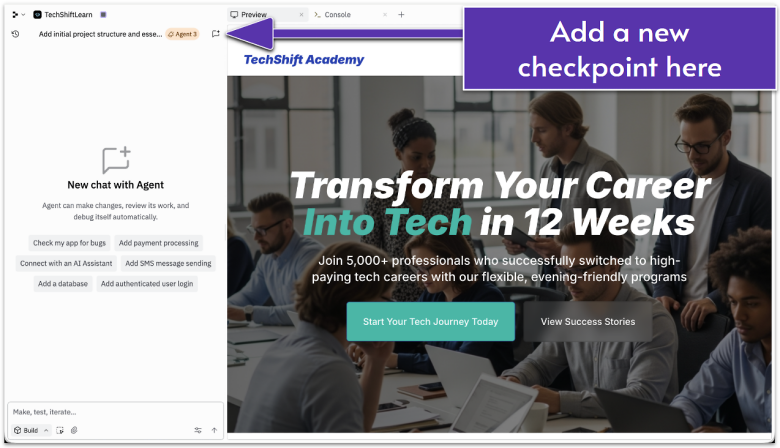 Screenshot of the Replit dashboard showing where to add a new checkpoint.