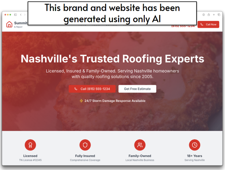 An example of a website home page that has been generated entirely using AI.