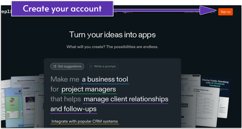 Replit's home page and sign up button in the top right hand corner.