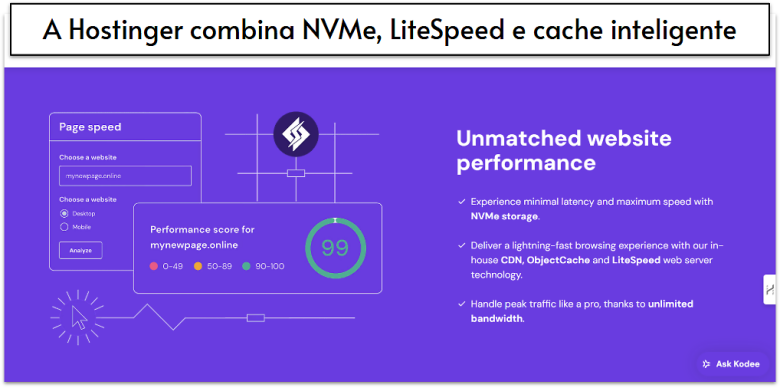 Hostinger's list of website performance features.