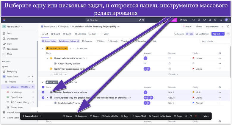ClickUp bulk edit toolbar.