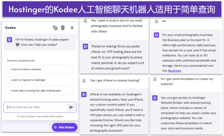 Hostinger AI chatbot interaction.