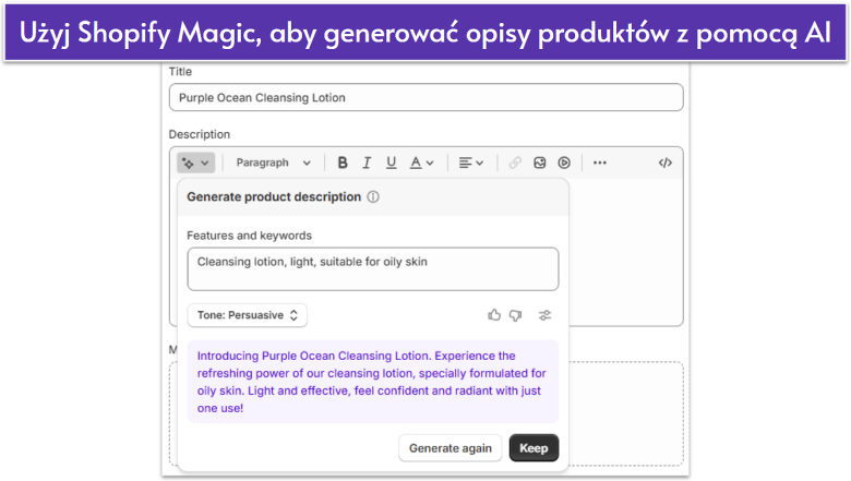 Screenshot of Shopify Magic generating AI product description.