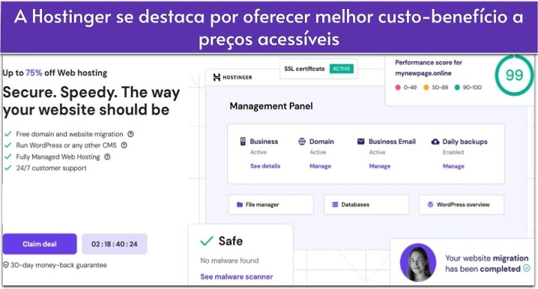 A Hostinger se destaca por oferecer melhor custo-benefício a preços acessíveis