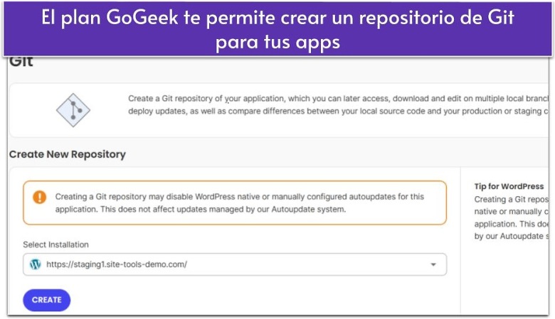 El plan GoGeek te permite crear un repositorio de Git para tus apps