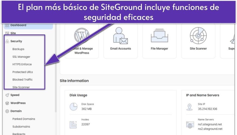 El plan más básico de SiteGround incluye funciones de seguridad eficaces