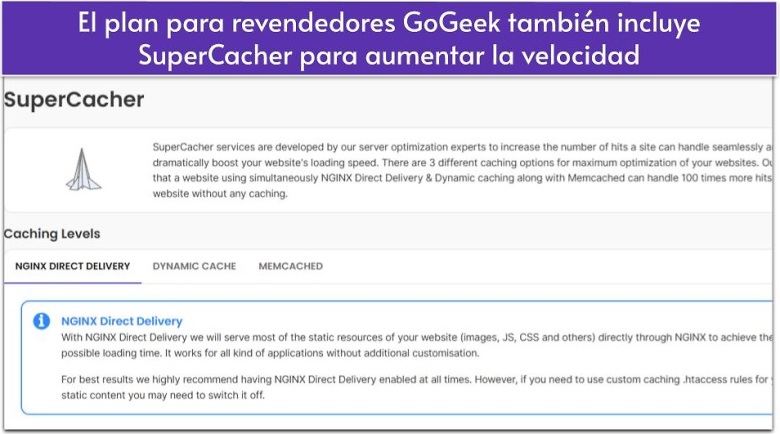 El plan para revendedores GoGeek también incluye SuperCacher para aumentar la velocidad