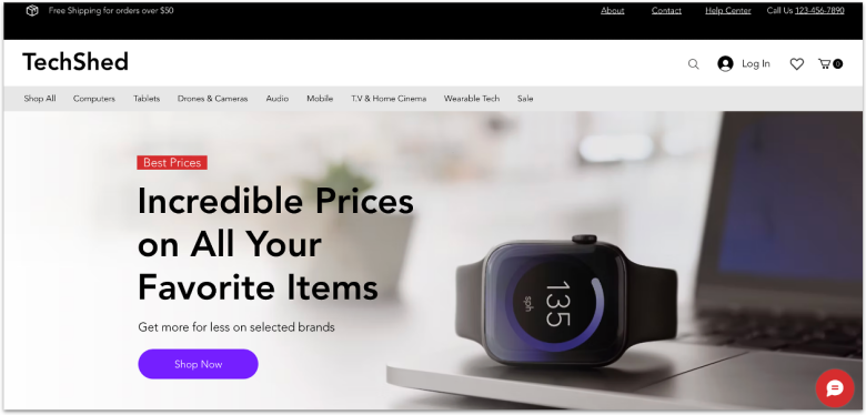 Wix's electronics store template, showing a watch resting on a laptop.