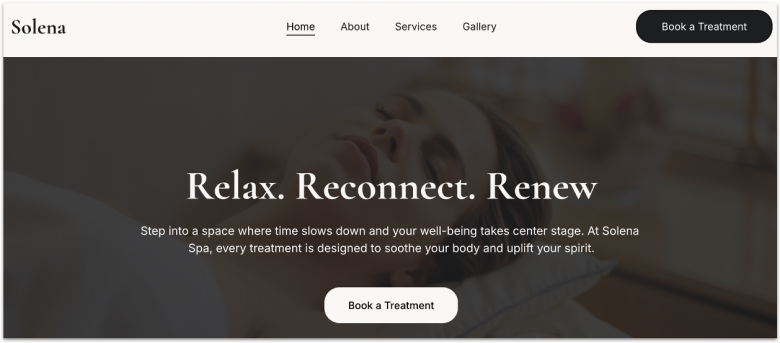 Hostinger's spa website template with a background image of someone resting on a spa massage bed.