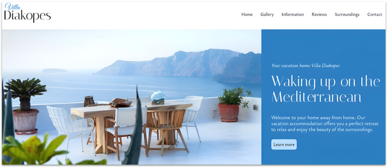 IONOS Website Builder's vacation rental template, showing a dining table with an ocean view.