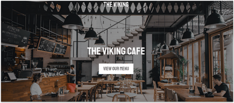 Webador's cafe website template, showing the entire view of cafe with tables, chairs, workers, and customers.