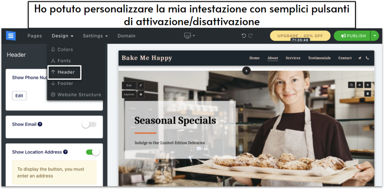 SITE123 header editor