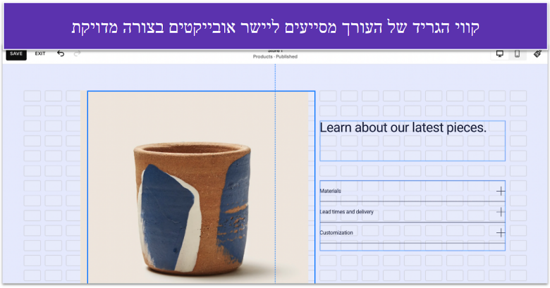 Squarespace's editor interface, showing an image alignment within grid lines.