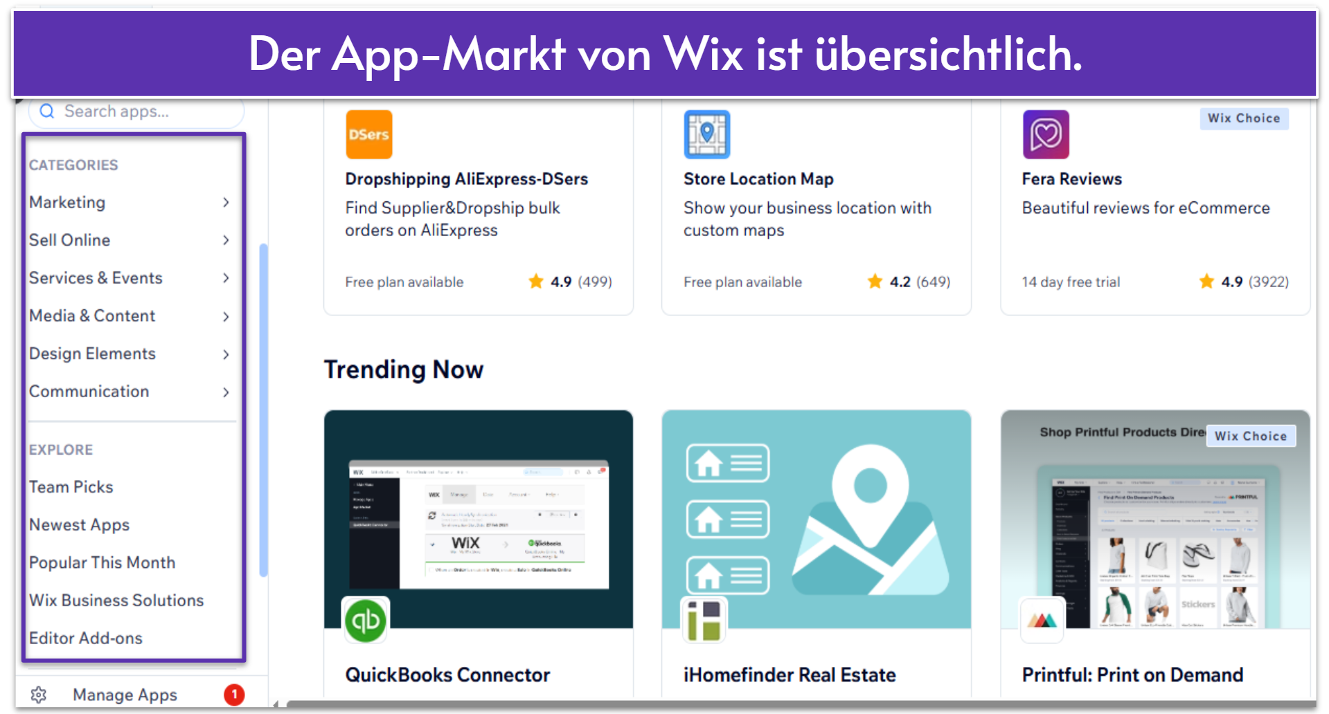 Wix app market showing recommended and trending apps.