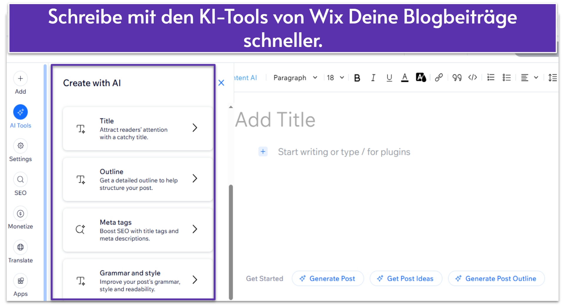 Wix blog editor showing AI content creation tools.