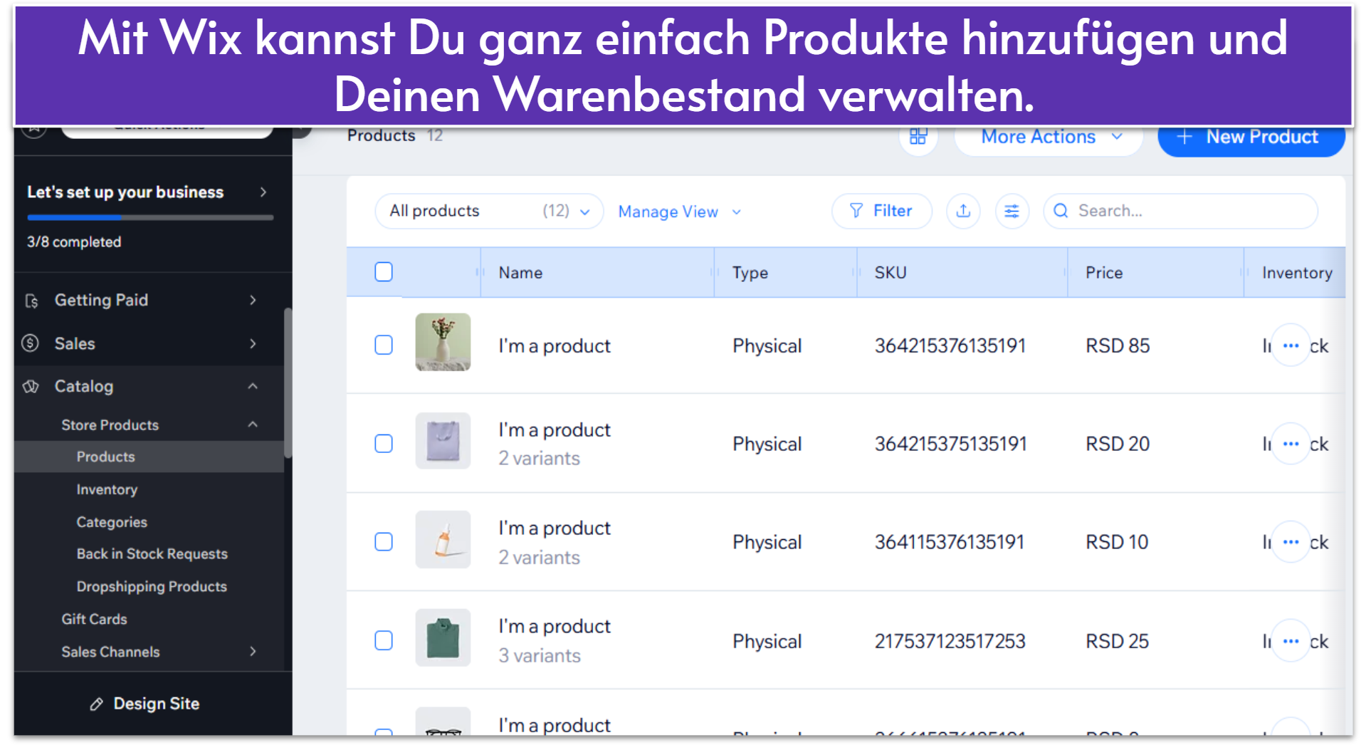 Wix interface for adding products.